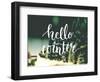 Hello Winter Typography Overlay on Blurred Photo of Christmas Trees. Lettering Banner for Greeting-kotoko-Framed Art Print