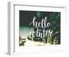 Hello Winter Typography Overlay on Blurred Photo of Christmas Trees. Lettering Banner for Greeting-kotoko-Framed Art Print