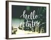 Hello Winter Typography Overlay on Blurred Photo of Christmas Trees. Lettering Banner for Greeting-kotoko-Framed Art Print