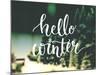 Hello Winter Typography Overlay on Blurred Photo of Christmas Trees. Lettering Banner for Greeting-kotoko-Mounted Art Print