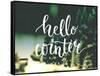 Hello Winter Typography Overlay on Blurred Photo of Christmas Trees. Lettering Banner for Greeting-kotoko-Framed Stretched Canvas