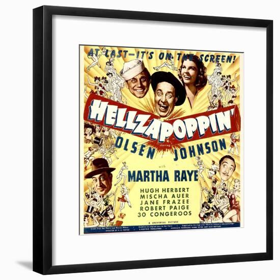 Hellzapoppin', Ole Olsen, Chic Johnson, Martha Raye, Hugh Herbert, Mischa Auer on Window Card, 1941-null-Framed Photo