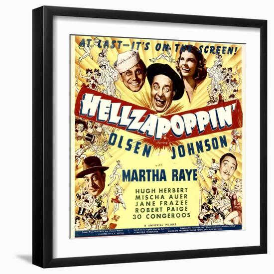 Hellzapoppin', Ole Olsen, Chic Johnson, Martha Raye, Hugh Herbert, Mischa Auer on Window Card, 1941-null-Framed Photo