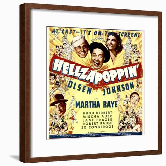 Hellzapoppin', Ole Olsen, Chic Johnson, Martha Raye, Hugh Herbert, Mischa Auer on Window Card, 1941-null-Framed Photo