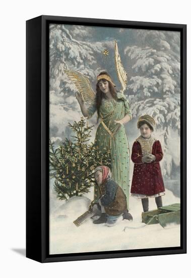 Helpful Angel Accompanies Two Children into the Woods to Help Them Choose Their Tree-null-Framed Stretched Canvas