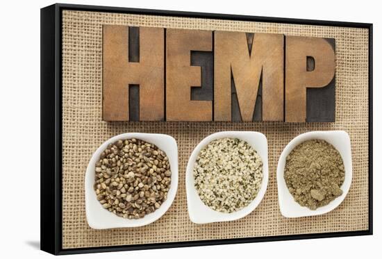 Hemp Products: Seeds, Hearts (Shelled Seeds) and Protein Powder in Small Ceramic Bowls-PixelsAway-Framed Stretched Canvas