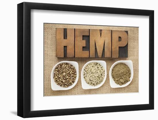 Hemp Products: Seeds, Hearts (Shelled Seeds) and Protein Powder in Small Ceramic Bowls-PixelsAway-Framed Photographic Print