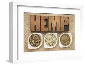 Hemp Products: Seeds, Hearts (Shelled Seeds) and Protein Powder in Small Ceramic Bowls-PixelsAway-Framed Photographic Print