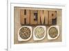 Hemp Products: Seeds, Hearts (Shelled Seeds) and Protein Powder in Small Ceramic Bowls-PixelsAway-Framed Photographic Print