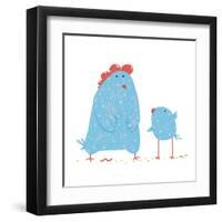 Hen and Chicken Childish Cartoon. Poultry Animal Farm, Livestock Domestic, Nature Rural. Raster Var-Popmarleo-Framed Art Print