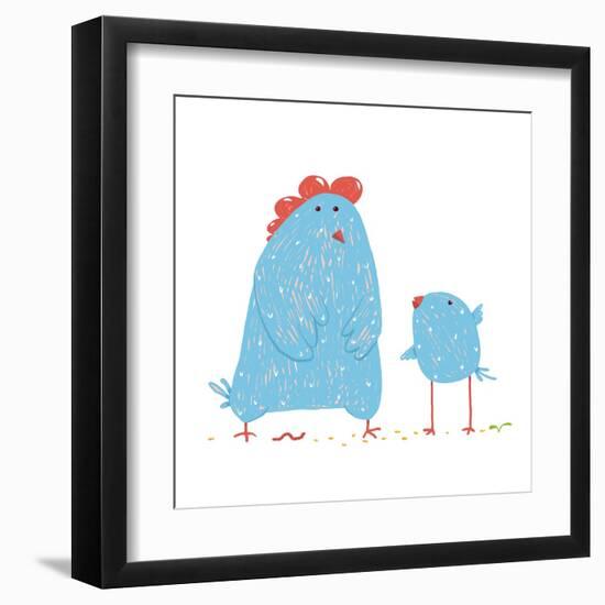 Hen and Chicken Childish Cartoon. Poultry Animal Farm, Livestock Domestic, Nature Rural. Raster Var-Popmarleo-Framed Art Print