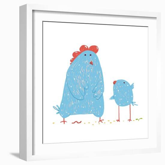 Hen and Chicken Childish Cartoon. Poultry Animal Farm, Livestock Domestic, Nature Rural, Vector Ill-Popmarleo-Framed Art Print