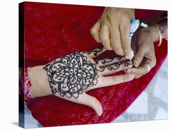 Henna Designs Being Applied to a Woman's Hand, Rajasthan State, India-Bruno Morandi-Stretched Canvas