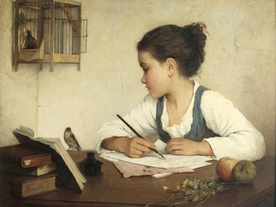 Young Girl Writing at Her Desk with Birds