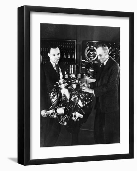 Henry and Edsel Ford with a Ford V8 Engine, C1940s-null-Framed Photographic Print