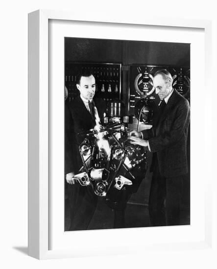 Henry and Edsel Ford with a Ford V8 Engine, C1940s-null-Framed Photographic Print