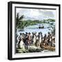 Henry Hudson Meeting with Native Americans Along the Hudson River, c.1609-null-Framed Giclee Print