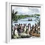 Henry Hudson Meeting with Native Americans Along the Hudson River, c.1609-null-Framed Giclee Print