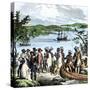 Henry Hudson Meeting with Native Americans Along the Hudson River, c.1609-null-Stretched Canvas