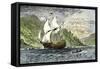 Henry Hudson's Ship, Half-Moon, Ascending the Hudson River, c.1609-null-Framed Stretched Canvas