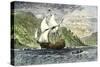 Henry Hudson's Ship, Half-Moon, Ascending the Hudson River, c.1609-null-Stretched Canvas