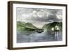 Henry Hudson's Ship, Half Moon, Meets Native Americans in the Hudson River Highlands, c.1609-null-Framed Giclee Print