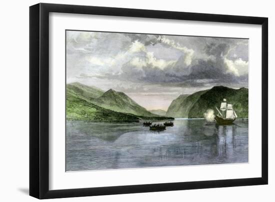 Henry Hudson's Ship, Half Moon, Meets Native Americans in the Hudson River Highlands, c.1609-null-Framed Giclee Print