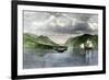 Henry Hudson's Ship, Half Moon, Meets Native Americans in the Hudson River Highlands, c.1609-null-Framed Giclee Print