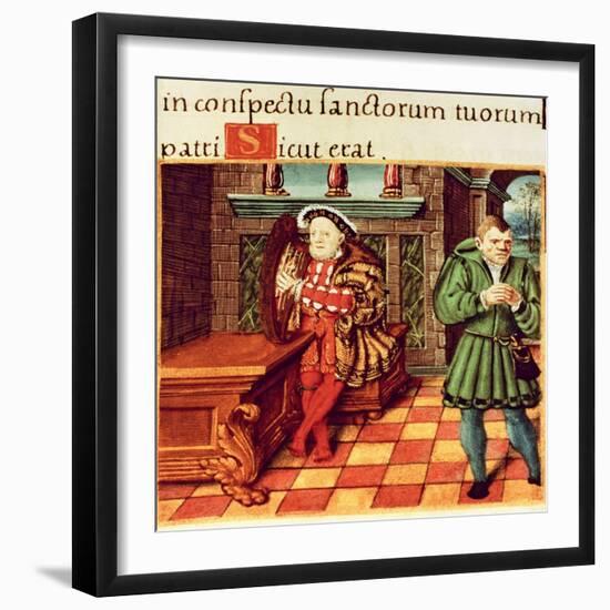 Henry VIII Playing a Harp with His Fool Wil Somers, from the King's Psalter-null-Framed Giclee Print