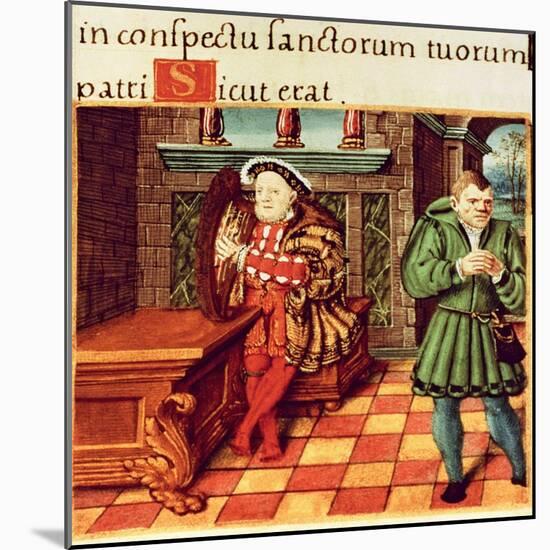 Henry VIII Playing a Harp with His Fool Wil Somers, from the King's Psalter-null-Mounted Giclee Print