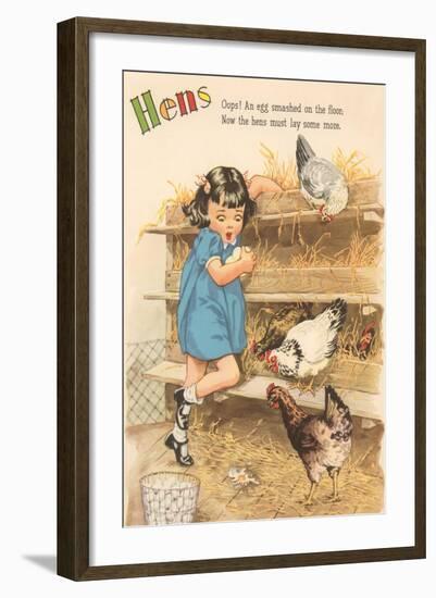 Hens, Little Girl Gathering Eggs in Hen House-null-Framed Art Print