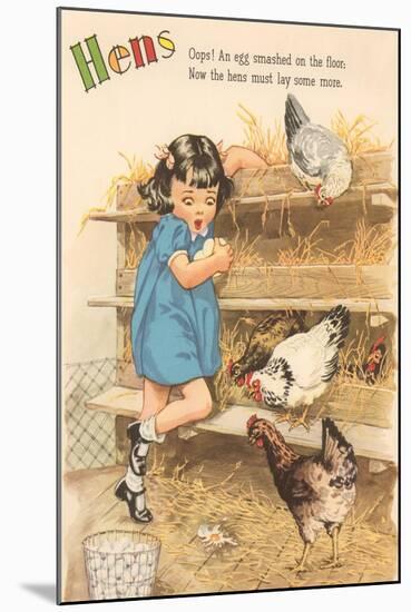 Hens, Little Girl Gathering Eggs in Hen House-null-Mounted Art Print