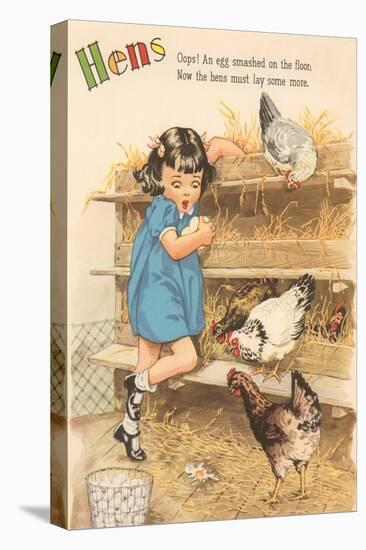 Hens, Little Girl Gathering Eggs in Hen House-null-Stretched Canvas