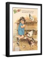Hens, Little Girl Gathering Eggs in Hen House-null-Framed Art Print