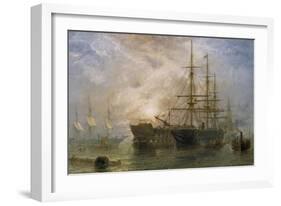 Her Majesty's Troop Ships receiving Stores in Portsmouth Harbour, 1880-Claude T. Stanfield Moore-Framed Giclee Print