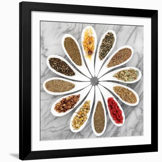 Herb Tea Selection In White Porcelain Dishes Over Marble Background-marilyna-Framed Art Print