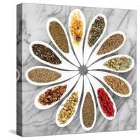 Herb Tea Selection In White Porcelain Dishes Over Marble Background-marilyna-Stretched Canvas