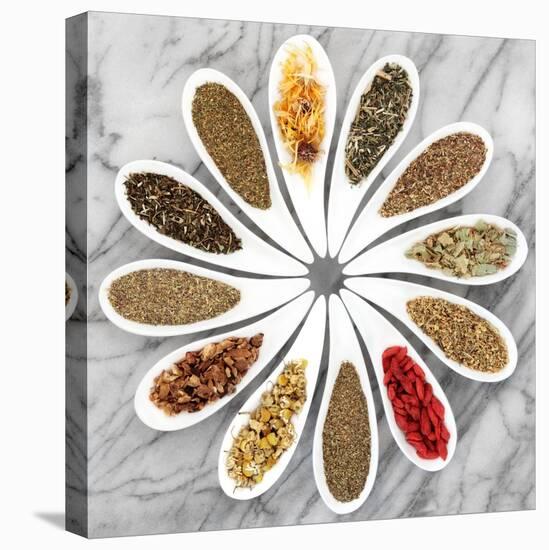 Herb Tea Selection In White Porcelain Dishes Over Marble Background-marilyna-Stretched Canvas