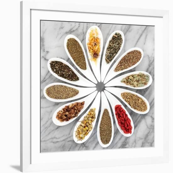 Herb Tea Selection In White Porcelain Dishes Over Marble Background-marilyna-Framed Art Print