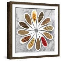 Herb Tea Selection In White Porcelain Dishes Over Marble Background-marilyna-Framed Art Print