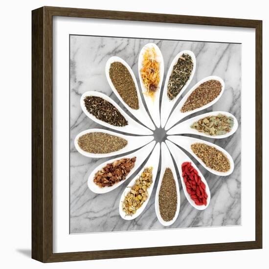 Herb Tea Selection In White Porcelain Dishes Over Marble Background-marilyna-Framed Art Print