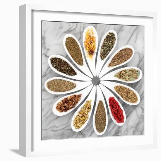 Herb Tea Selection In White Porcelain Dishes Over Marble Background-marilyna-Framed Art Print
