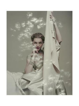 Model Seated in Silk Taffeta Dress, Holding Yards of Silk, by Ducharne and C. M. Gourdon