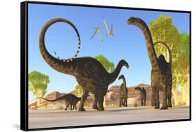 Herd of Apatosaurus Dinosaurs Wander Through a Prehistoric Forest-null-Framed Stretched Canvas