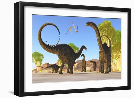 Herd of Apatosaurus Dinosaurs Wander Through a Prehistoric Forest-null-Framed Art Print