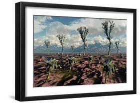 Herd of Caudipteryx Displaying Bird-Like Flocking Motion-null-Framed Art Print