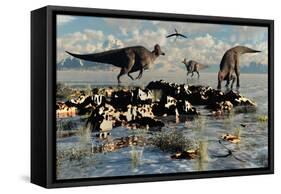 Herd of Corythosaurus Duckbill Dinosaurs Grazing-null-Framed Stretched Canvas