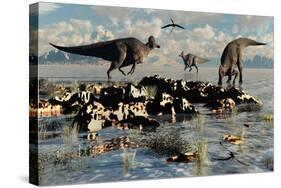 Herd of Corythosaurus Duckbill Dinosaurs Grazing-null-Stretched Canvas