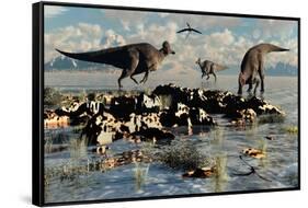 Herd of Corythosaurus Duckbill Dinosaurs Grazing-null-Framed Stretched Canvas