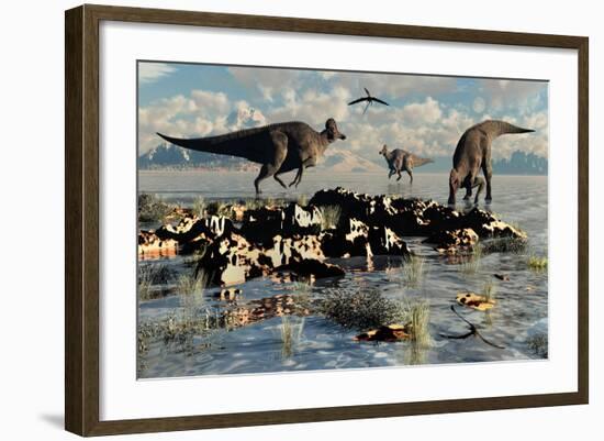 Herd of Corythosaurus Duckbill Dinosaurs Grazing-null-Framed Art Print